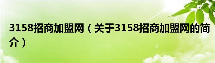3158招商加盟網(wǎng)（關于3158招商加盟網(wǎng)的簡介）