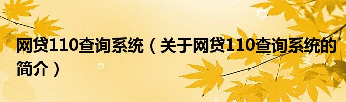 網(wǎng)貸110查詢(xún)系統(tǒng)（關(guān)于網(wǎng)貸110查詢(xún)系統(tǒng)的簡(jiǎn)介）