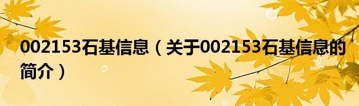 002153石基信息（關于002153石基信息的簡介）
