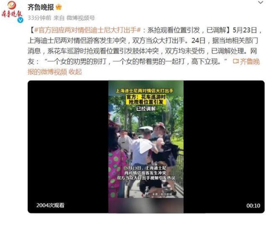 上海迪士尼花車搶位置引發(fā)情侶沖突，雙方當(dāng)眾大打出手！