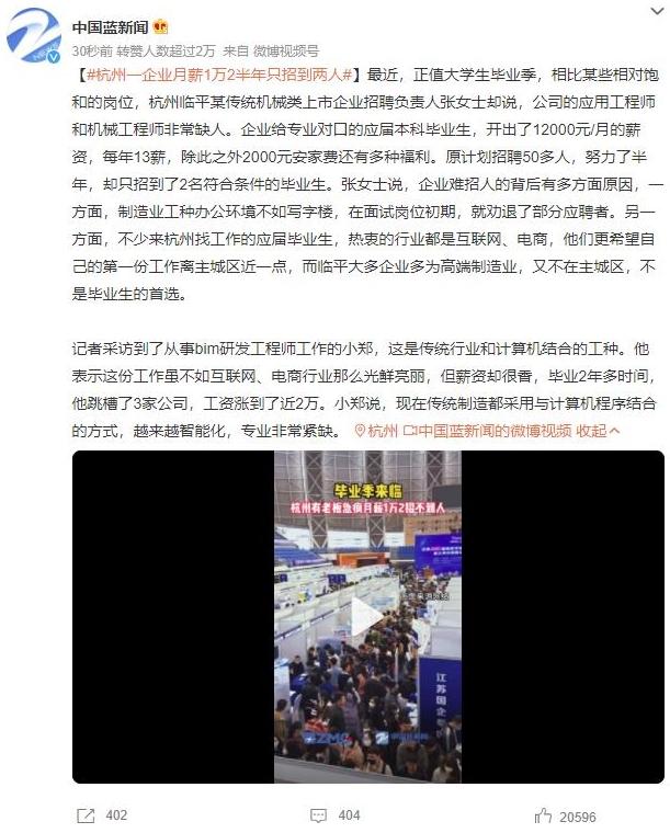 杭州傳統(tǒng)制造業(yè)崗位空缺，大學(xué)生就業(yè)傾向互聯(lián)網(wǎng)還是高薪傳統(tǒng)工作？