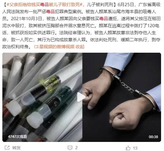 廣東一吸毒者因向父親要錢購(gòu)買毒品遭拒毆打致死，兒子被判死刑