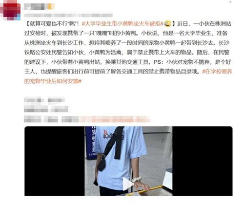大學(xué)畢業(yè)生帶小黃鴨坐火車被拒，民警提醒禁止攜帶活禽